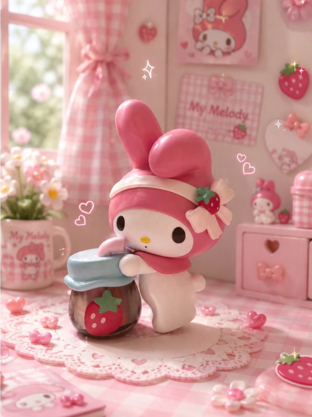 Sanrio My Melody Pink and White Bunny Figurine with Strawberry Jar/Drink
